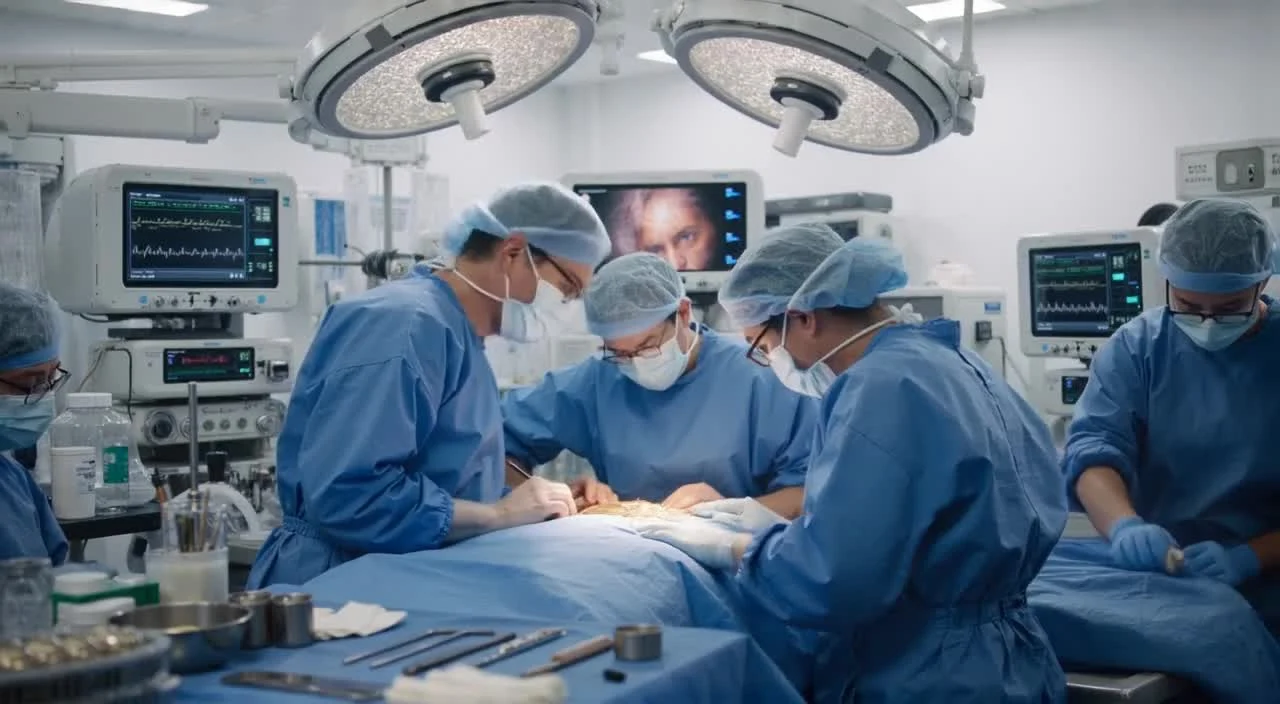 Surgical team working with medical equipment in an operating room